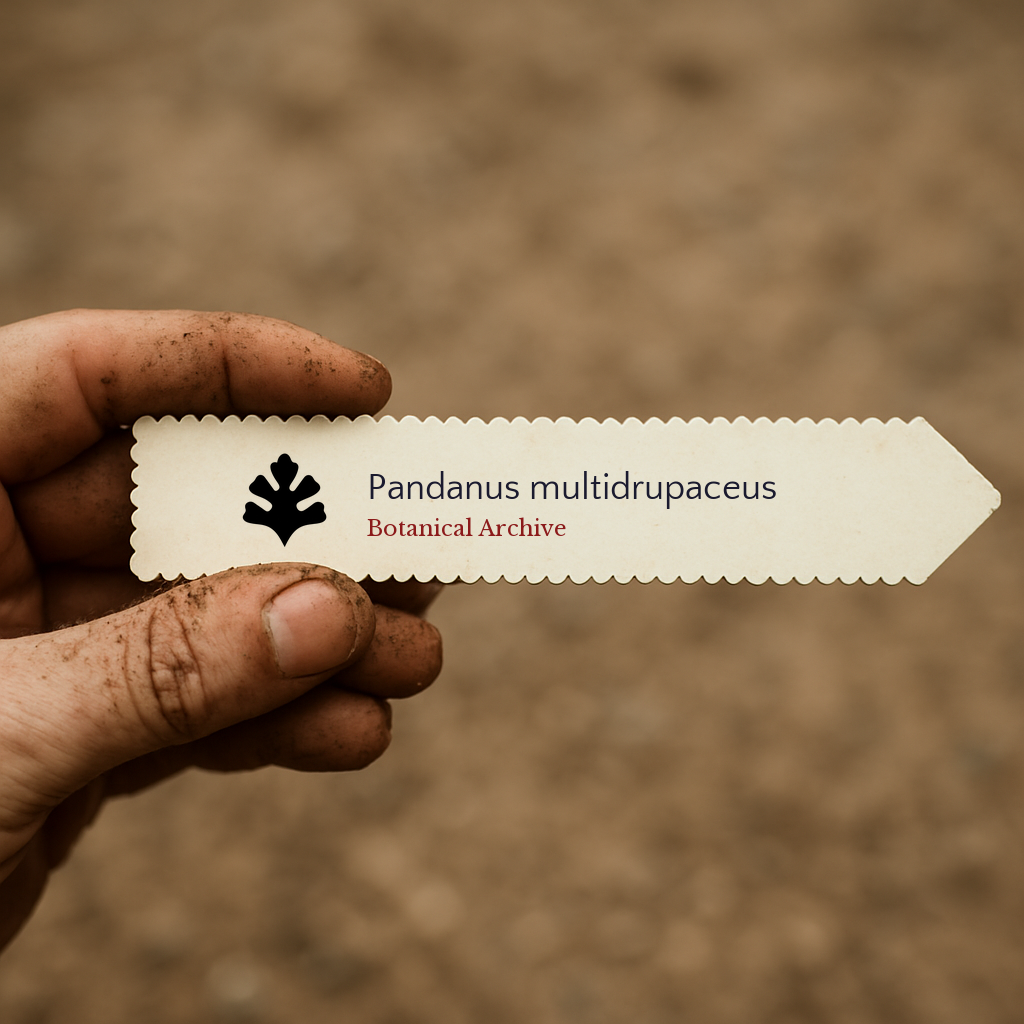 Etichetta stampata per pianta di Pandanus multidrupaceus tenuta da una mano sporca contro uno sfondo di terreno