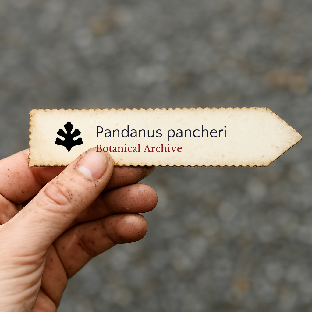Printed plant label for Pandanus pancheri held by hand with dirt background