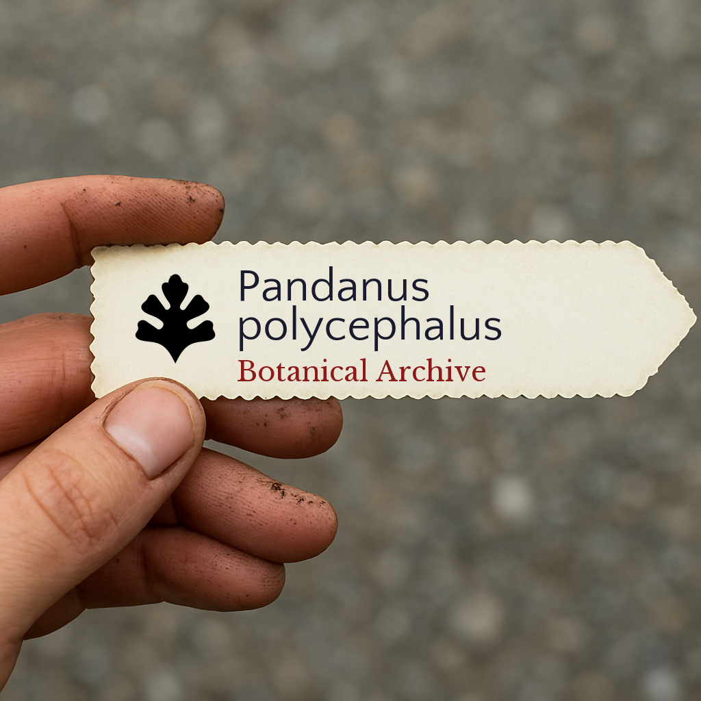 Etichetta stampata per pianta di Pandanus polycephalus tenuta in mano con terra sulle dita