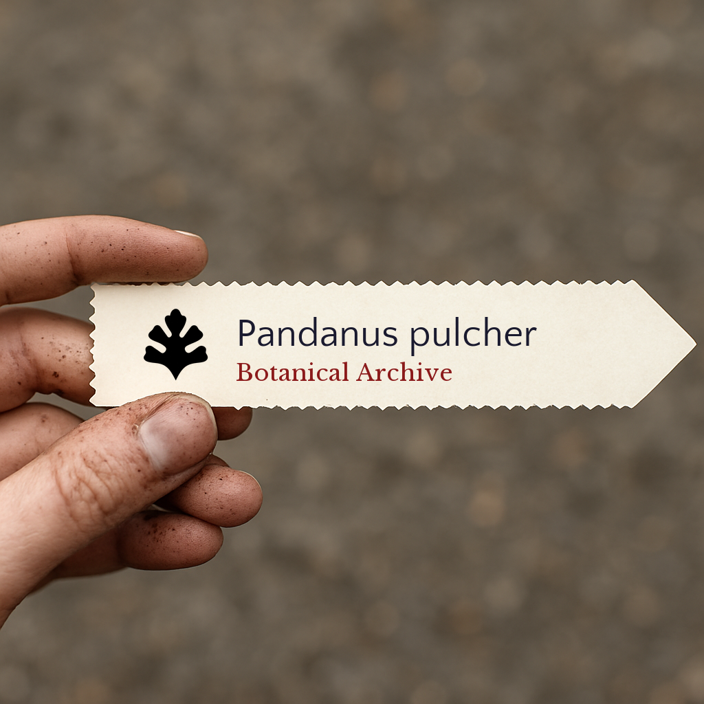 Etichetta per pianta stampata per Pandanus pulcher tenuta in mano con sfondo di terra