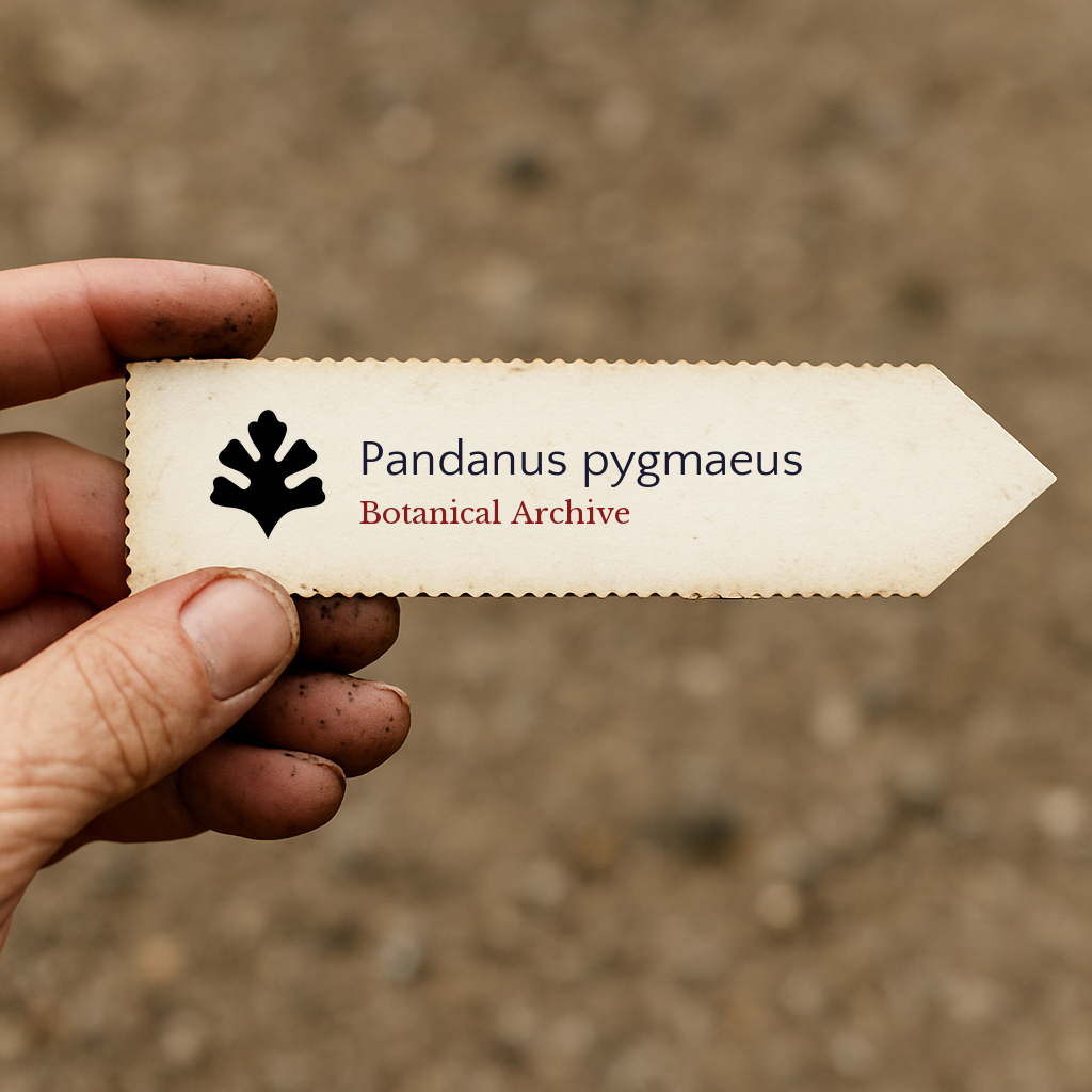 Printed plant label for Pandanus pygmaeus held by hand with soil background