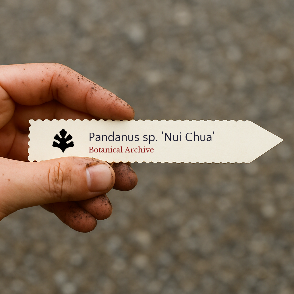 Printed plant label for Pandanus sp. 'Nui Chua' held by a hand with soil dirt