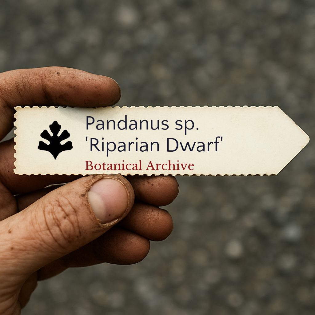 Printed plant label for Pandanus sp. 'Riparian Dwarf' held by hand with dirt background