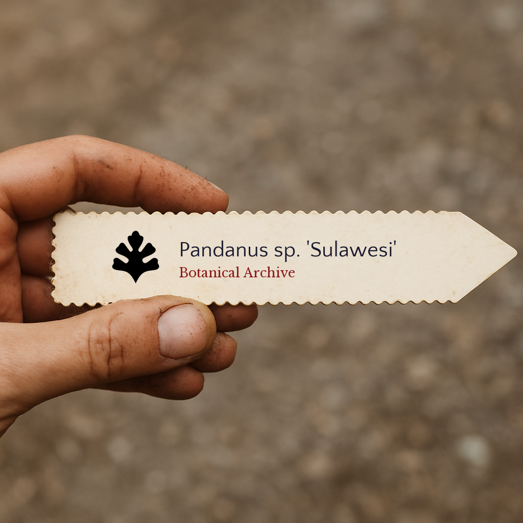 Printed plant label for Pandanus sp. 'Sulawesi' held in hand with dirt background