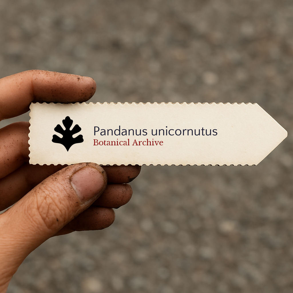 Printed plant label for Pandanus unicornutus held by hand with dirt on fingers