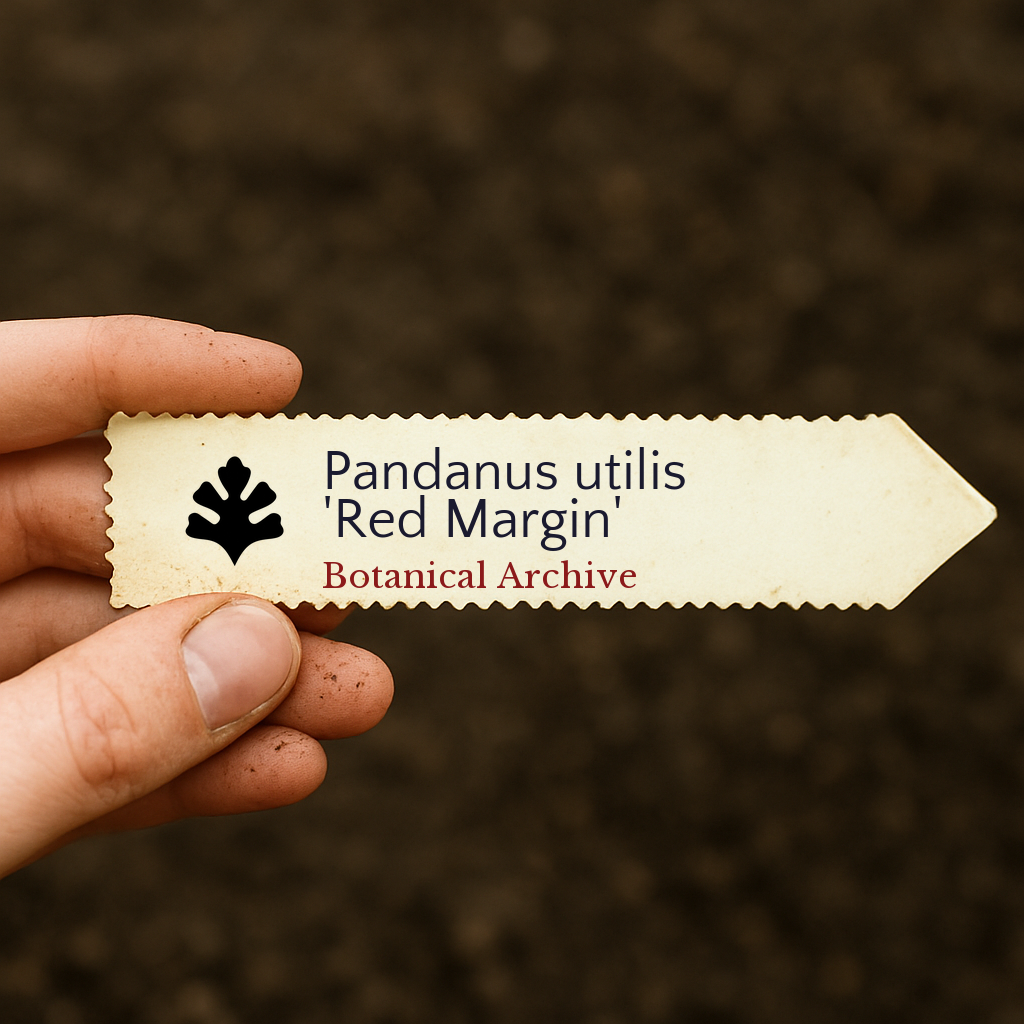 Etichetta stampata per pianta di Pandanus utilis 'Red Margin' tenuta sopra sfondo di terreno