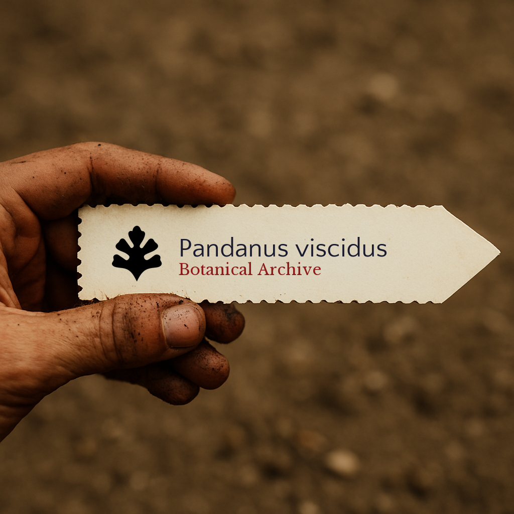 Printed plant label for Pandanus viscidus held by dirty hand over soil background