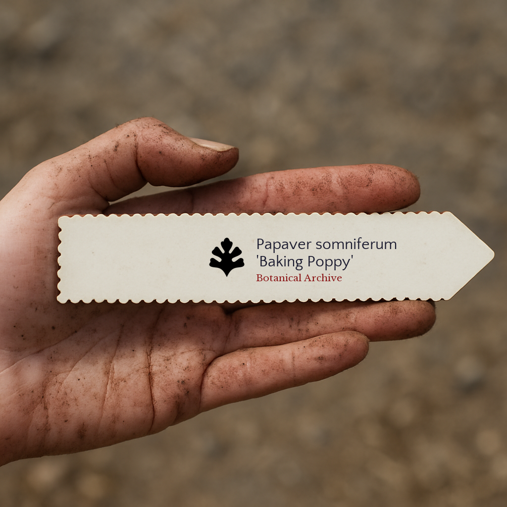 Etichetta della pianta stampata per Papaver somniferum 'Baking Poppy' tenuta in mano sporca all'aperto