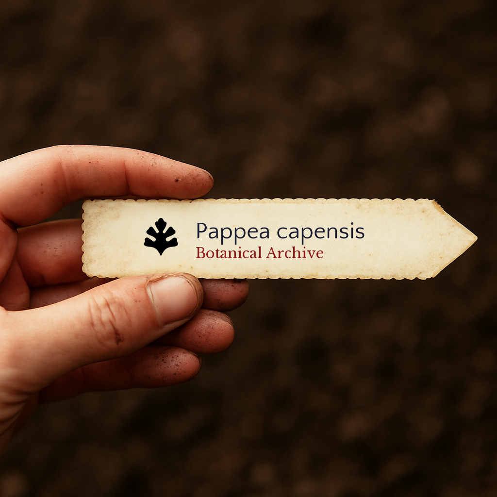 Printed plant label for Pappea capensis held by hand over soil background