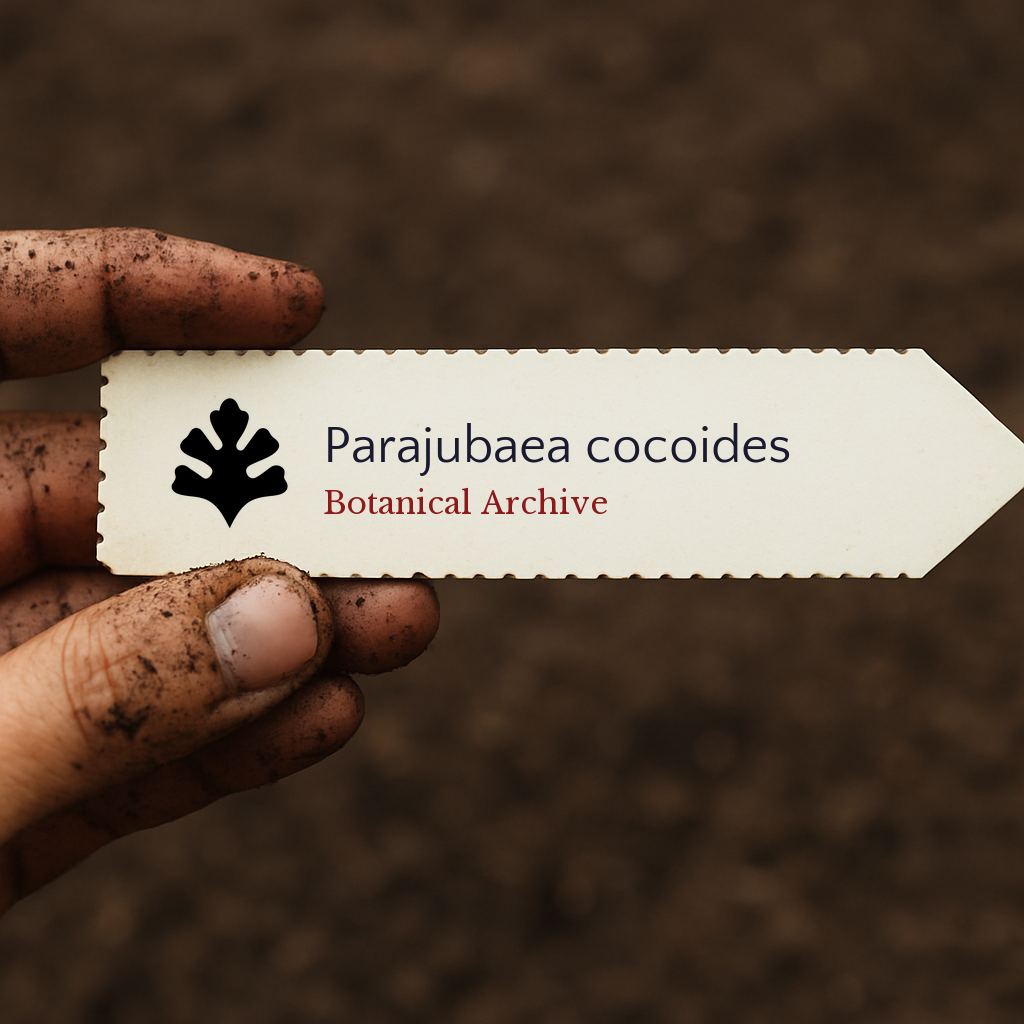 Printed plant label for Parajubaea cocoides held by dirty hand over soil background
