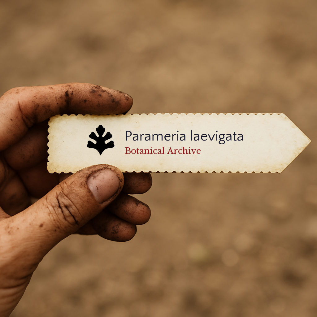 Printed plant label for Parameria laevigata held by dirty hand against soil background