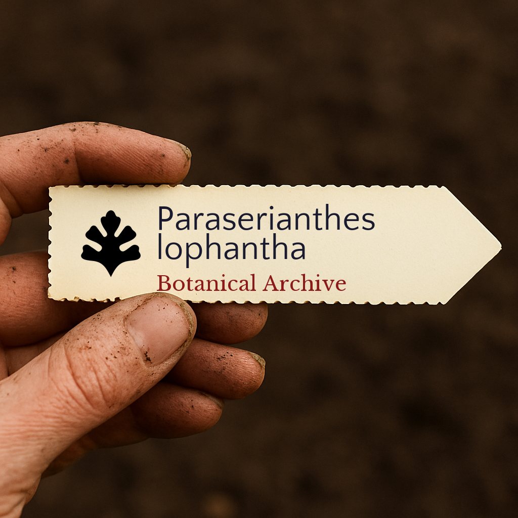 Printed plant label for Paraserianthes lophantha held by a dirt-covered hand against soil background