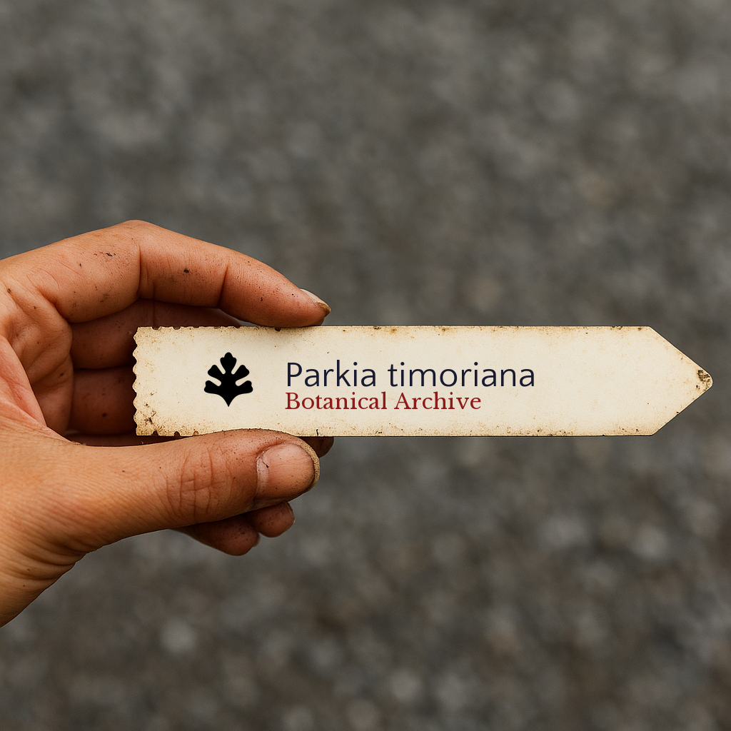Printed plant label for Parkia timoriana held by hand with dirt on fingers
