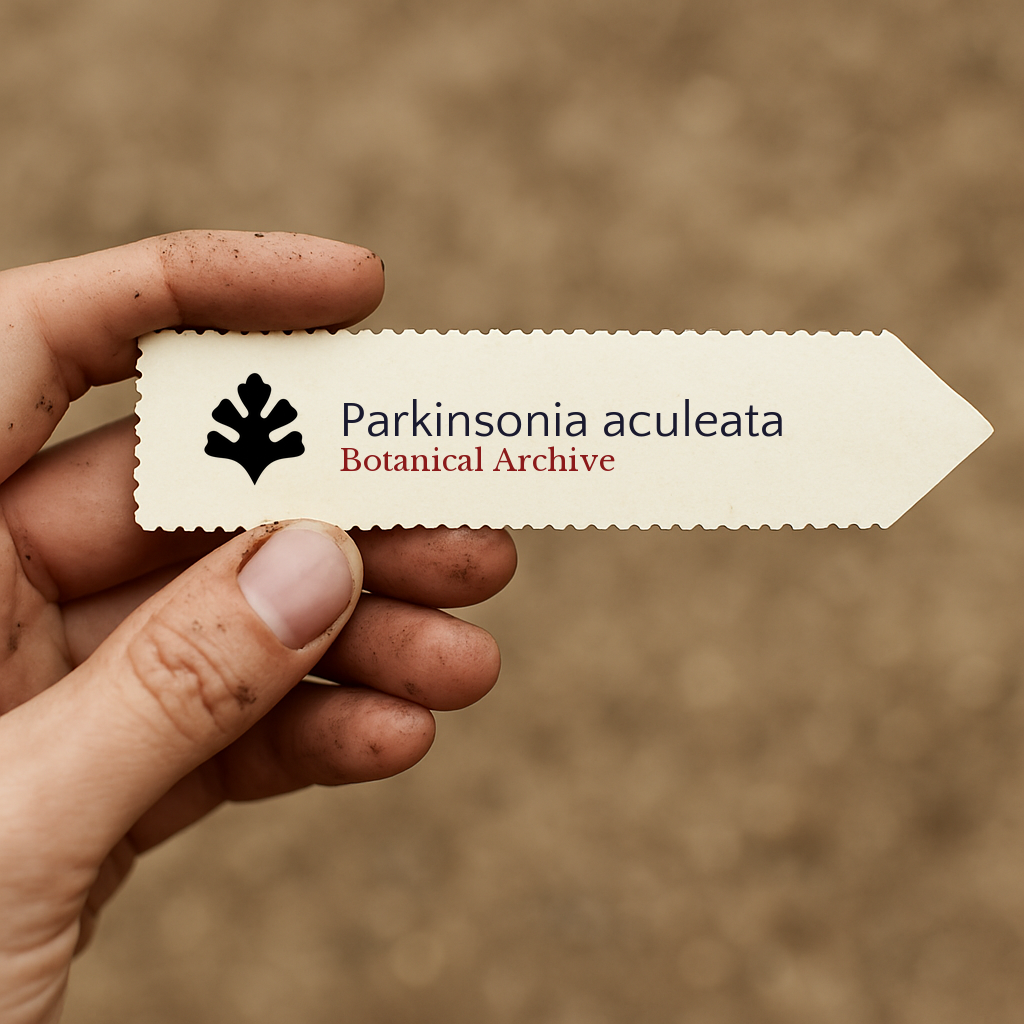 Cartellino per pianta stampato per Parkinsonia aculeata tenuto in mano con sfondo di terreno
