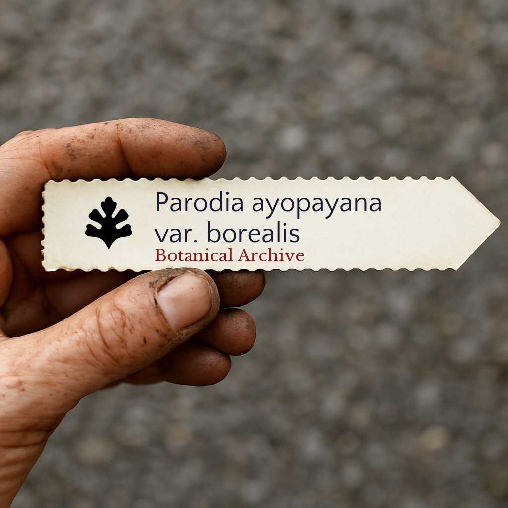 Printed plant label for Parodia ayopayana var. borealis held in gardener's hand