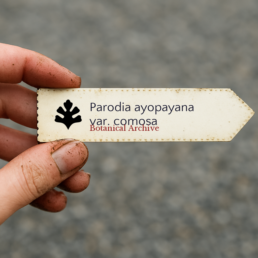 Printed plant label for Parodia ayopayana var. comosa held by dirty hand outdoors