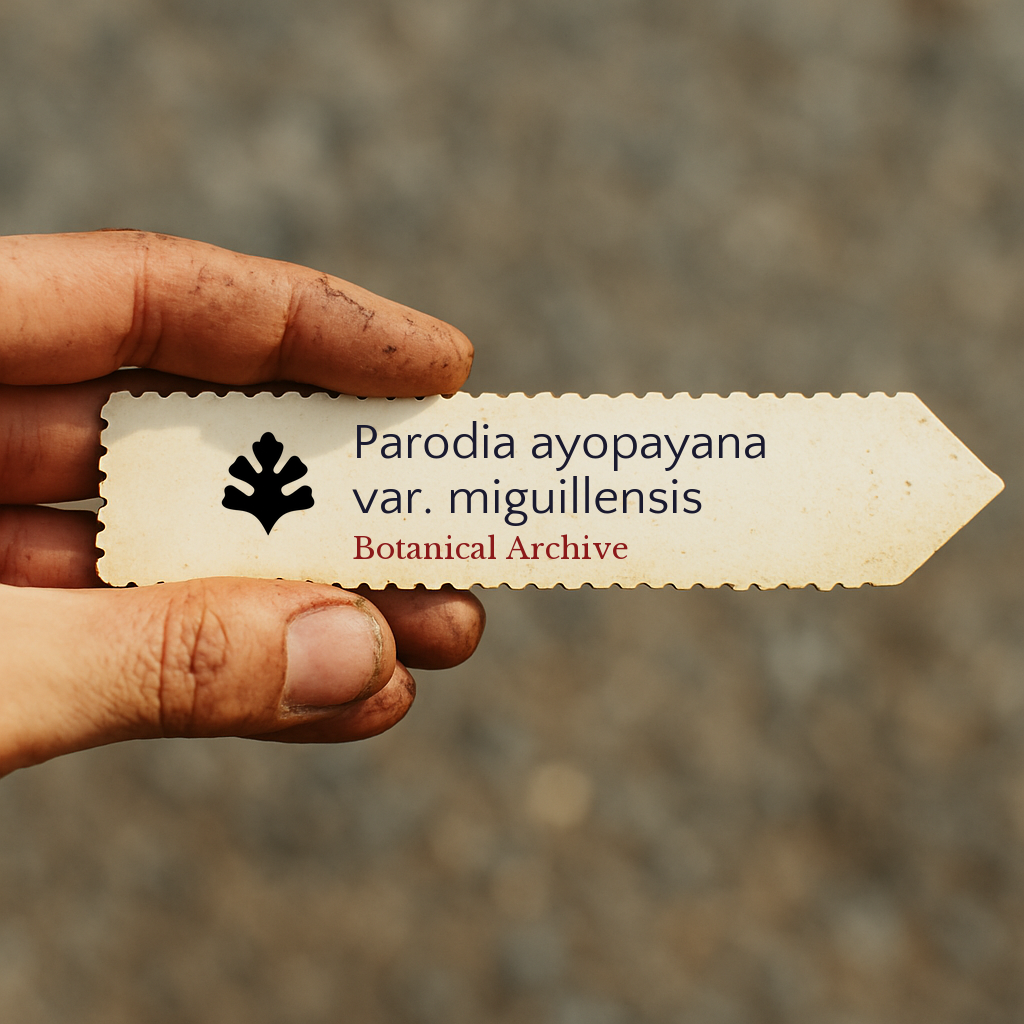 Printed plant label for Parodia ayopayana var. miguillensis held by hand outdoors