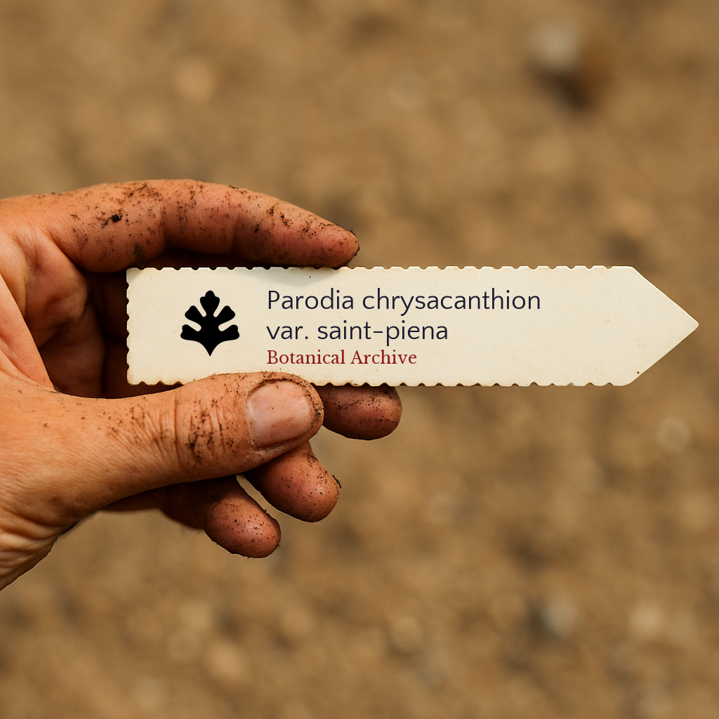 Printed plant label for Parodia chrysacanthion var. saint-piena held in dirty hand outdoors