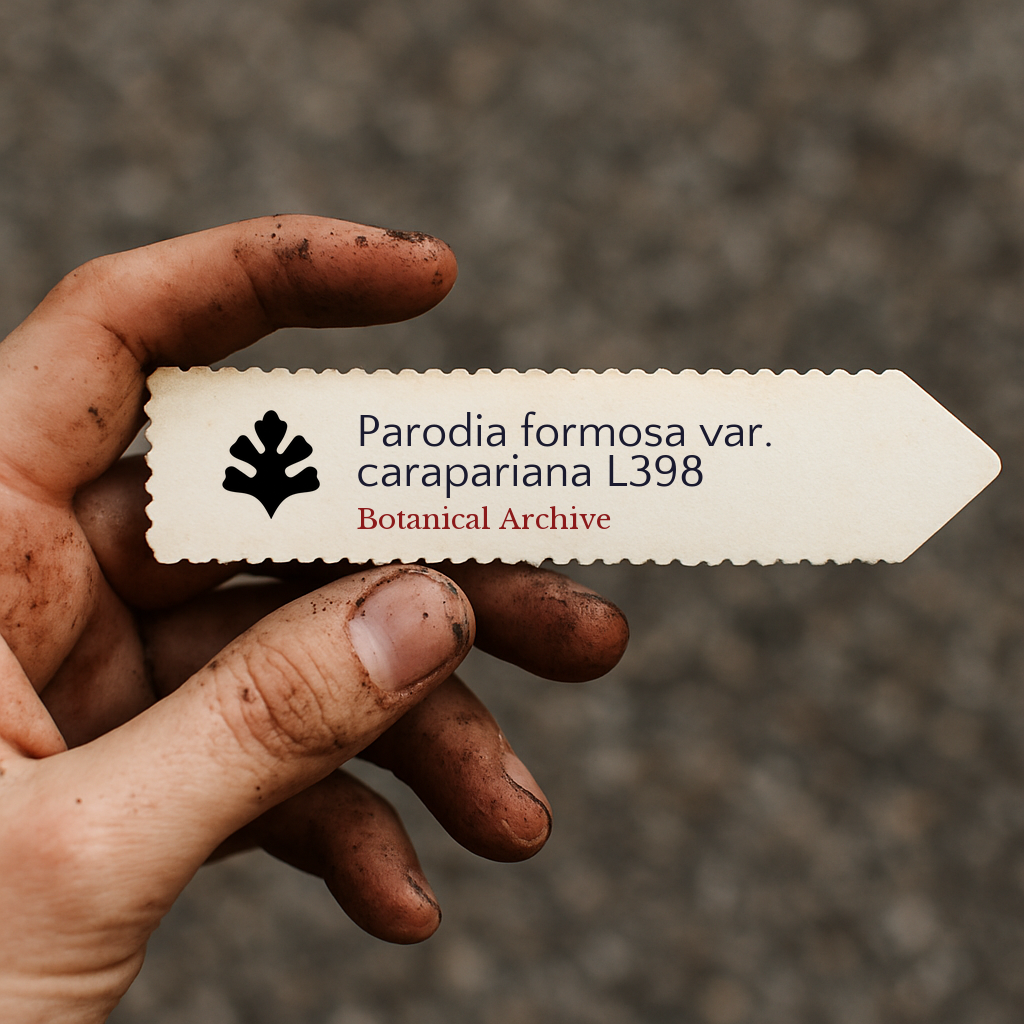 Printed plant label for Parodia formosa var. carapariana held by dirty hand outdoors