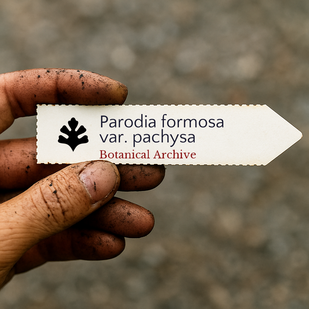 Printed plant label for Parodia formosa var. pachysa held by dirty hand outdoors