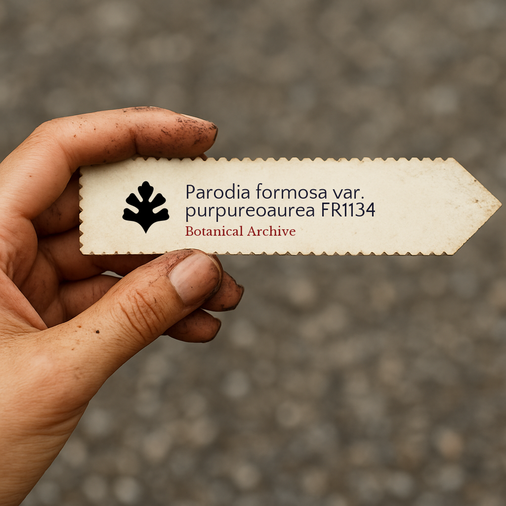 Printed plant label for Parodia formosa var. purpureoaurea held by a hand with soil dirt