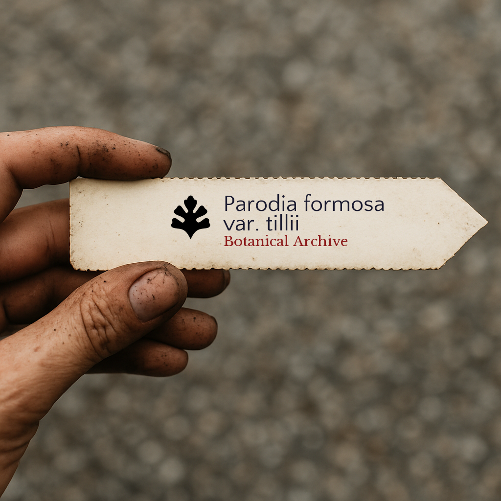 Printed plant label for Parodia formosa var. tillii held by dirty hand outdoors
