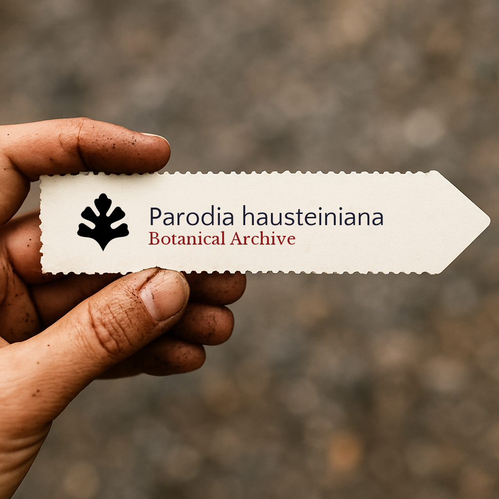 Printed plant label for Parodia hausteiniana held by hand with dirt background