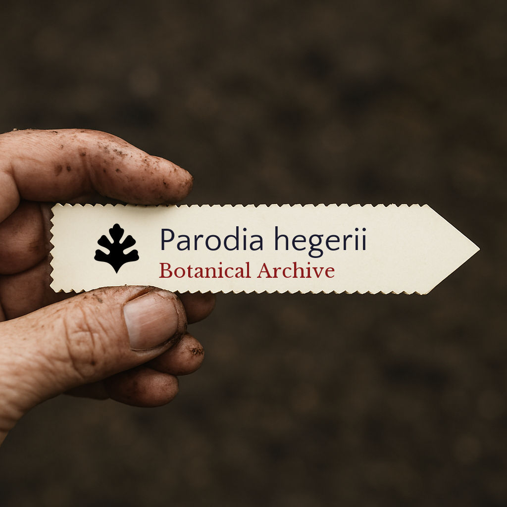 Printed plant label for Parodia hegerii held by dirty hand over soil background