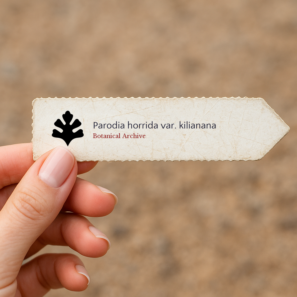 Printed plant label for Parodia horrida var. kilianana held by hand on blurred background