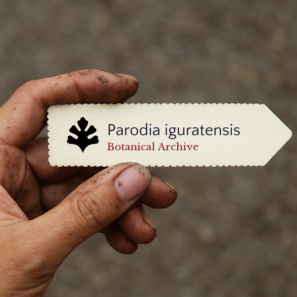 Printed plant label for Parodia iguratensis held by dirty hand outdoors