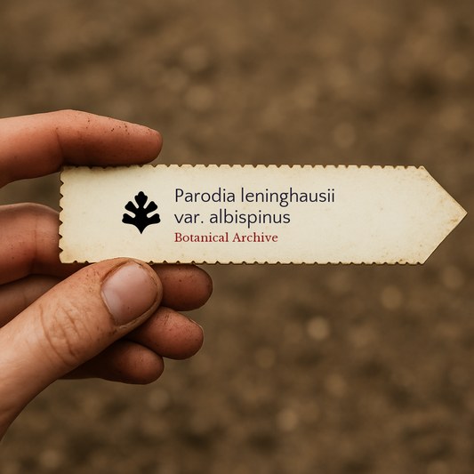 Printed plant label for Parodia leninghausii var. albispinus held by hand with soil background
