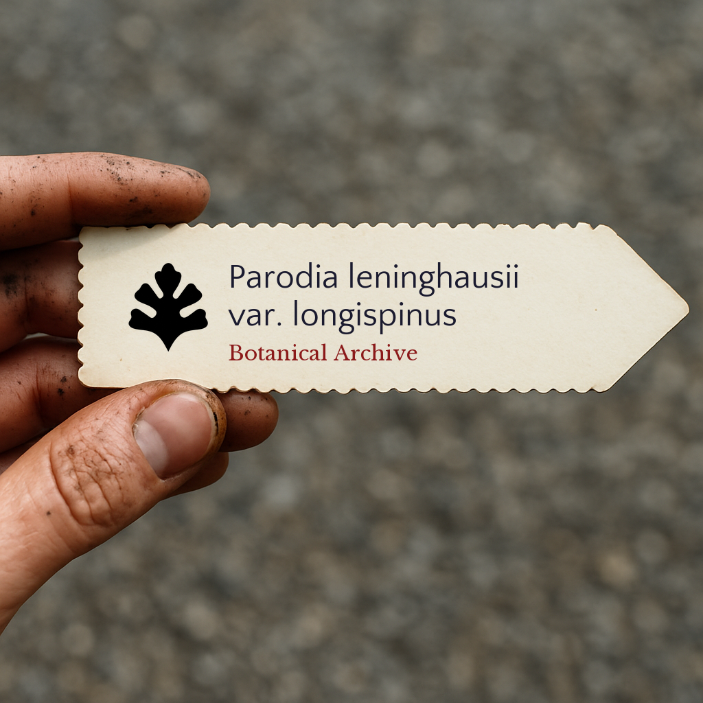Printed plant label for Parodia leninghausii var. longispinus held by hand with dirt background