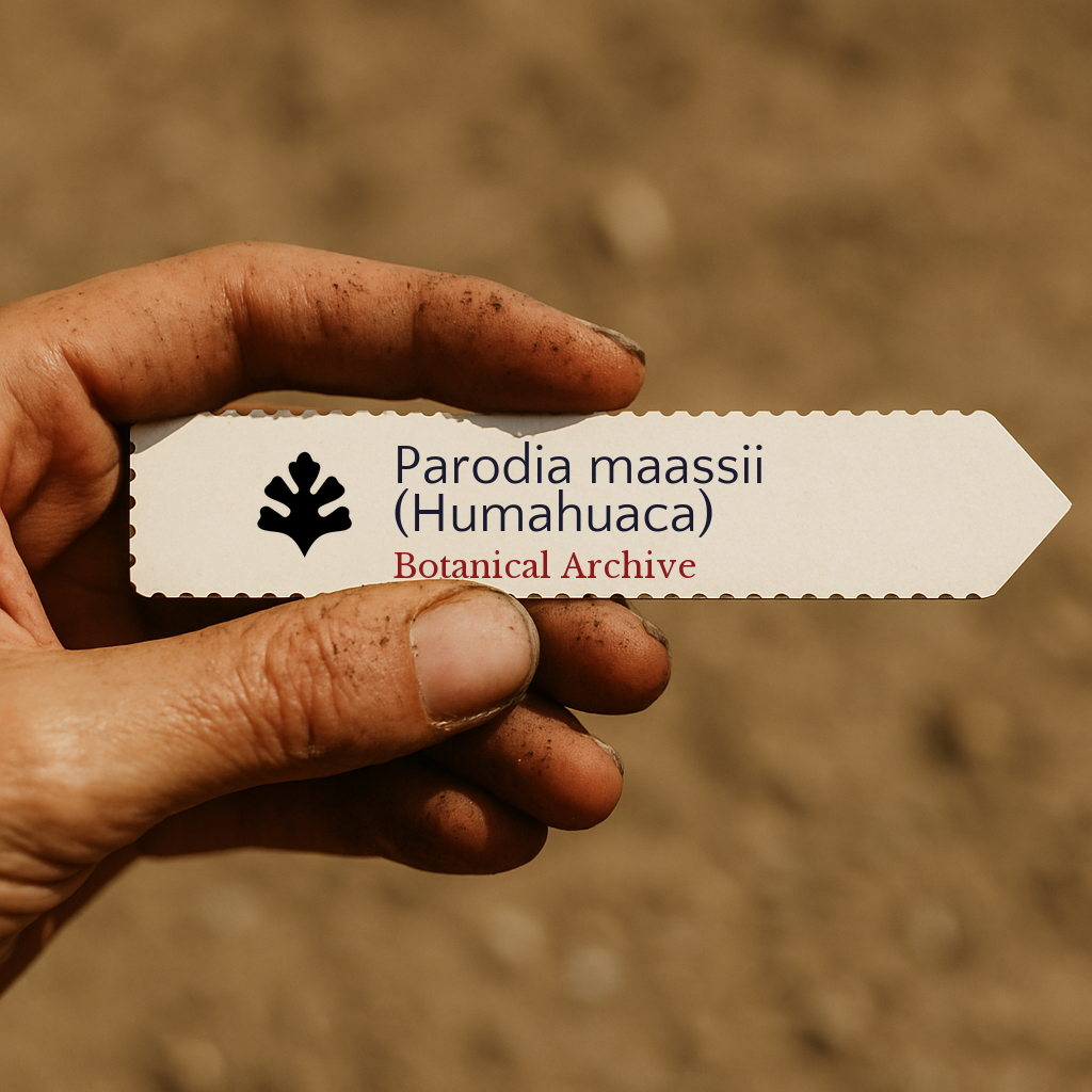Etichetta stampata per pianta Parodia maassii (Humahuaca) tenuta in una mano sporca all'aperto