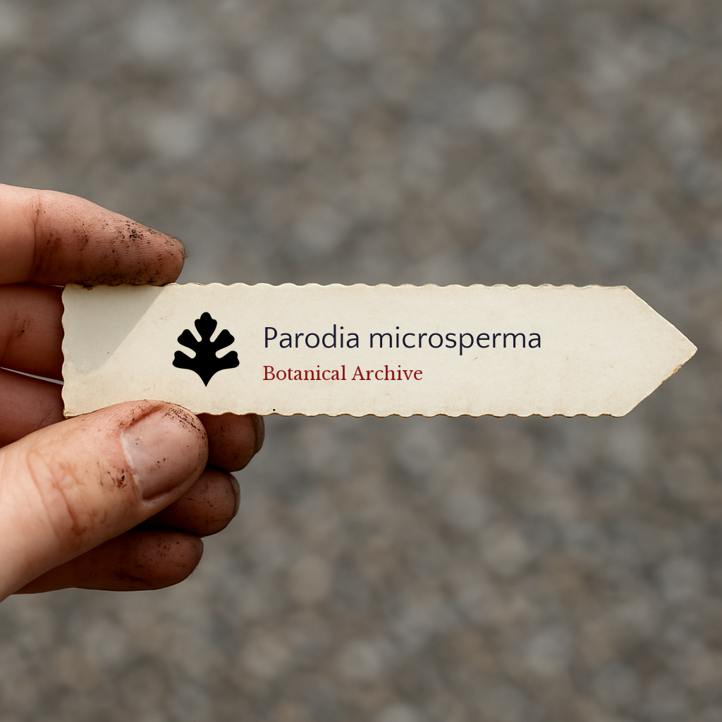Etichetta stampata per pianta di Parodia microsperma con il logo di Botanical Archive tenuta da una mano sporca