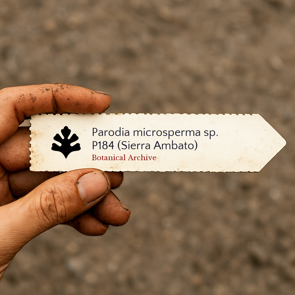 Printed plant label for Parodia microsperma sp. P184 (Sierra Ambato) held by hand