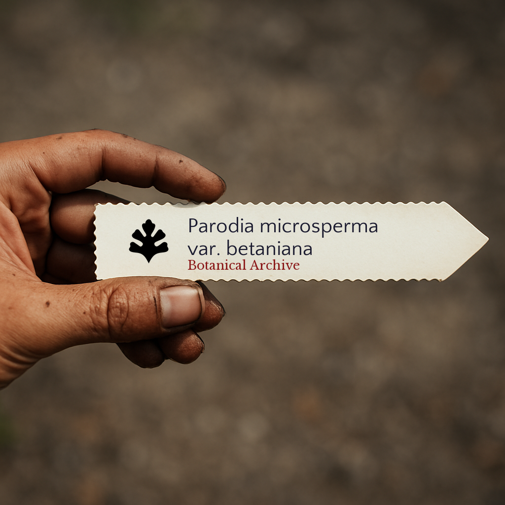 Printed plant label for Parodia microsperma var. betaniana held by hand outdoors