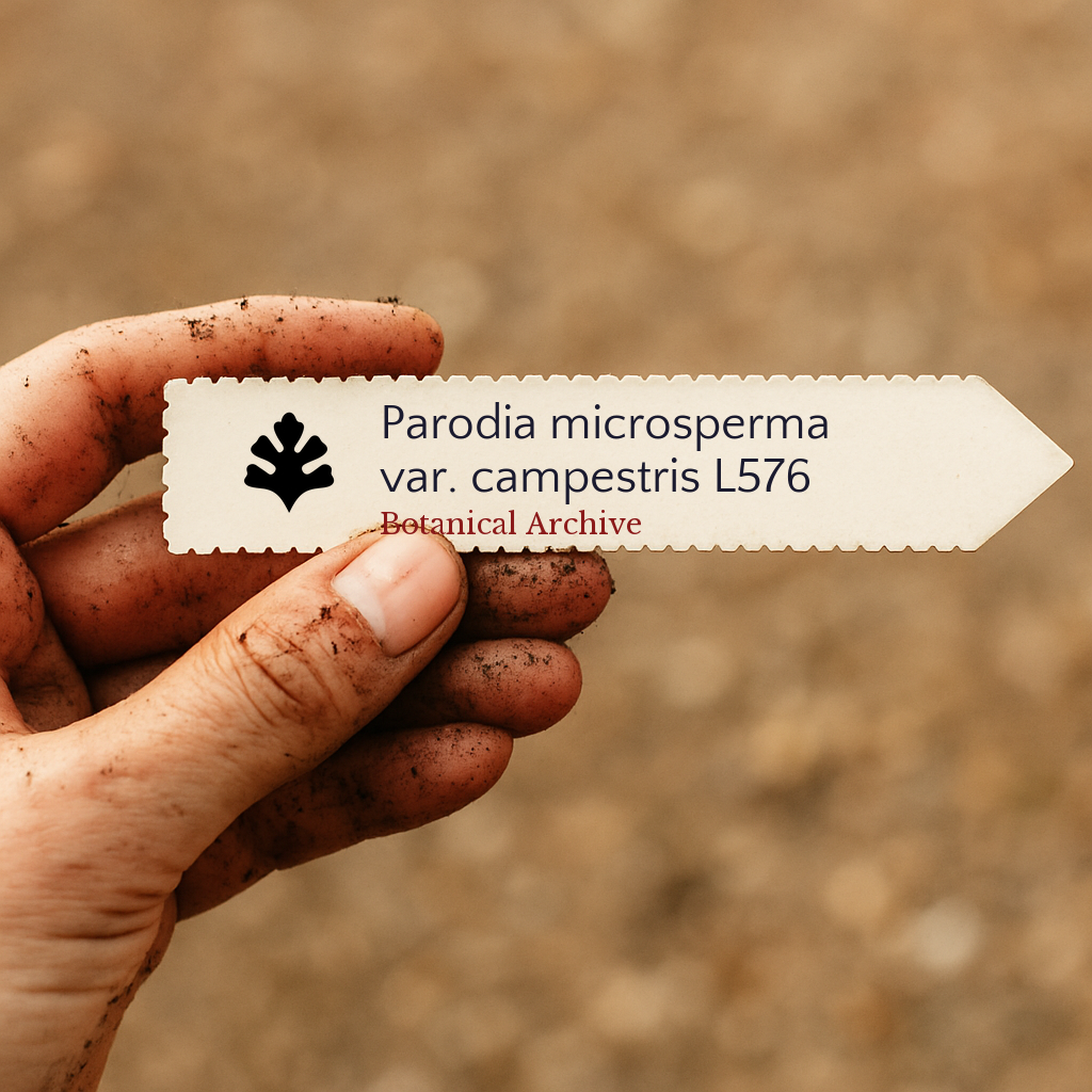 Etichetta stampata per pianta di Parodia microsperma var. campestris nella mano del giardiniere con terra