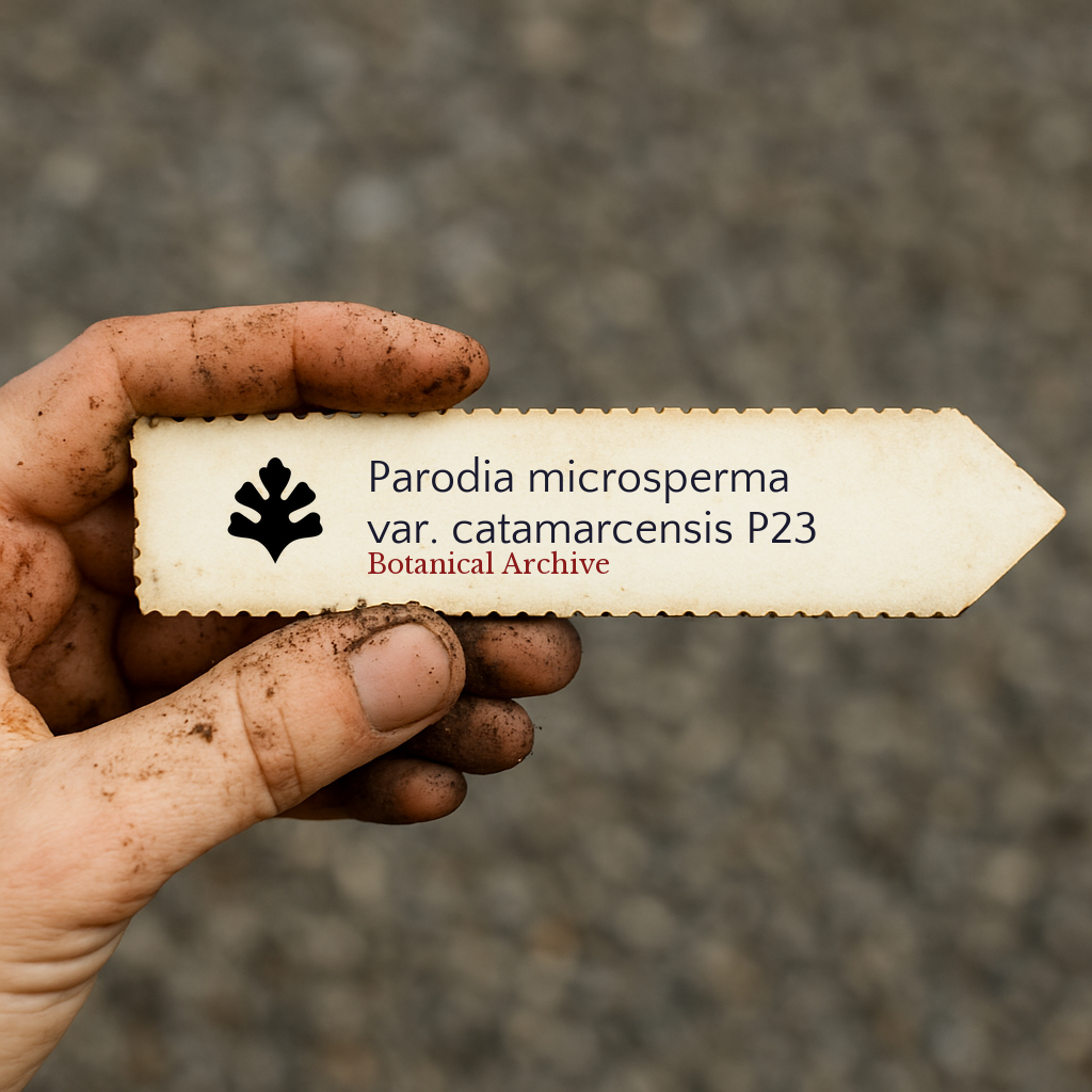 Etichetta vegetale stampata per Parodia microsperma var. catamarcensis P23 tenuta in mano sporca