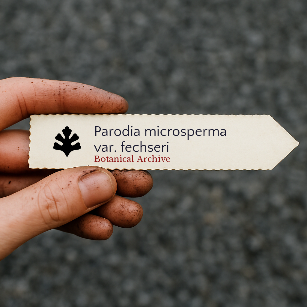 Printed plant label for Parodia microsperma var. fechseri held by dirty hand
