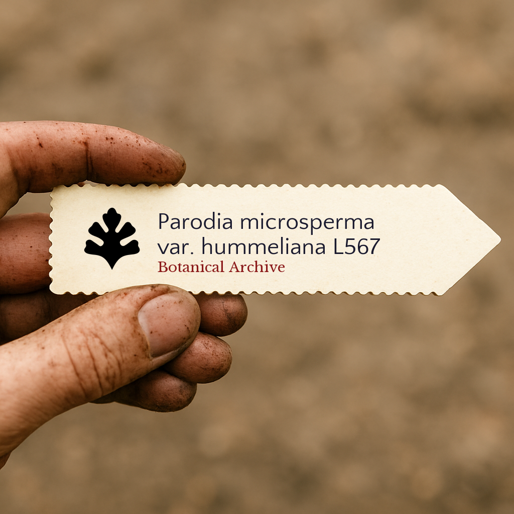 Printed plant label for Parodia microsperma var. hummeliana L567 held by dirty hand