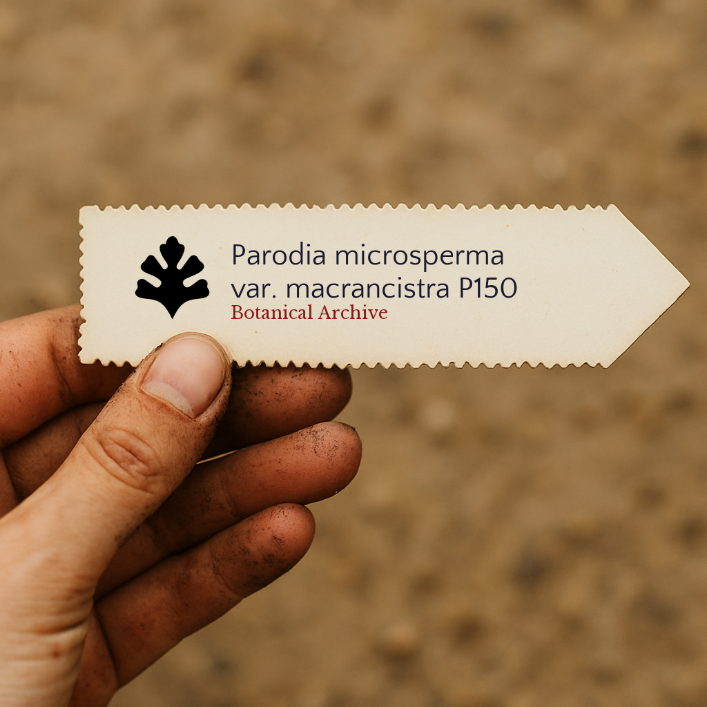 Printed plant label for Parodia microsperma var. macrancistra held by hand with soil background