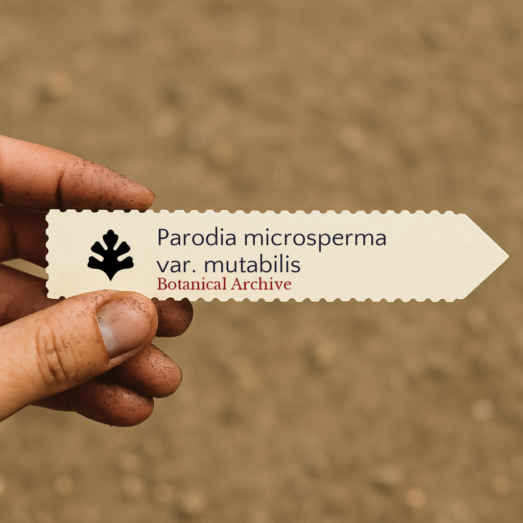 Printed plant label for Parodia microsperma var. mutabilis held by dirty hand outdoors