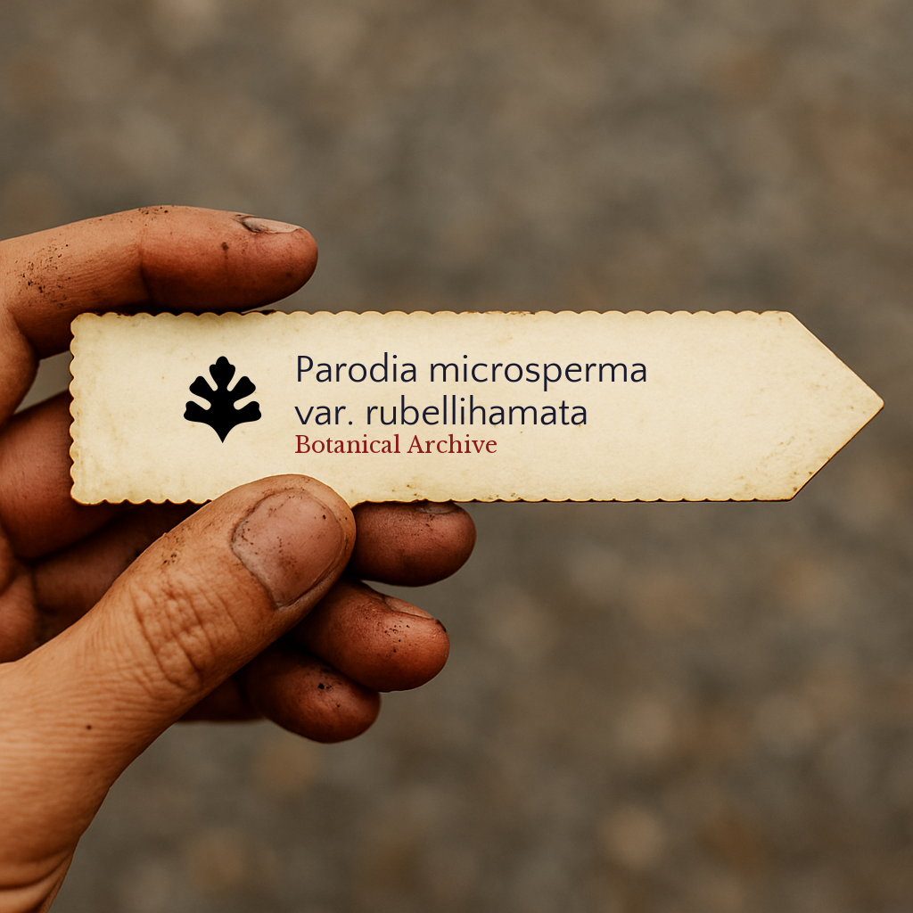 Printed plant label for Parodia microsperma var. rubellihamata held by dirty hand outdoors