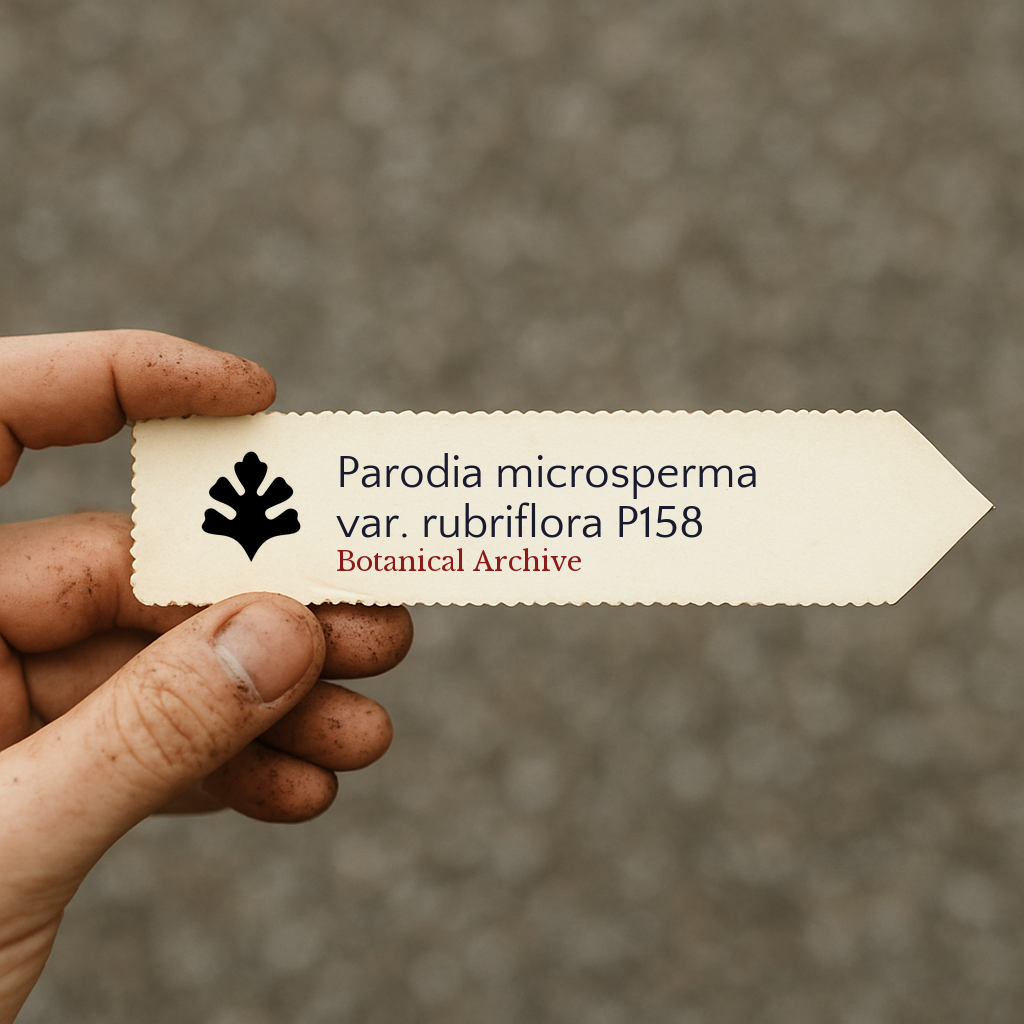 Printed plant label for Parodia microsperma var. rubriflora held by hand with dirt background