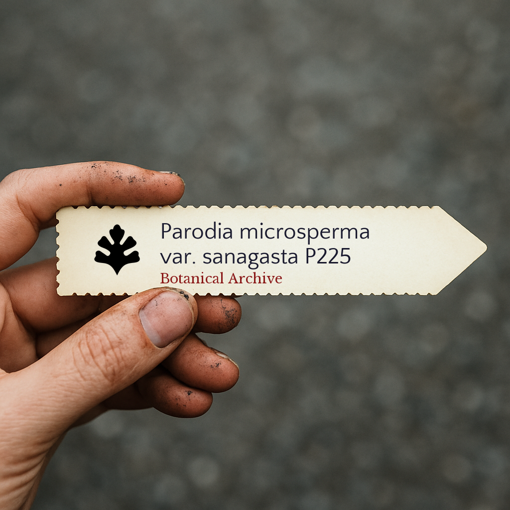 Etichetta stampata per pianta di Parodia microsperma var. sanagasta tenuta in mano con terra del suolo