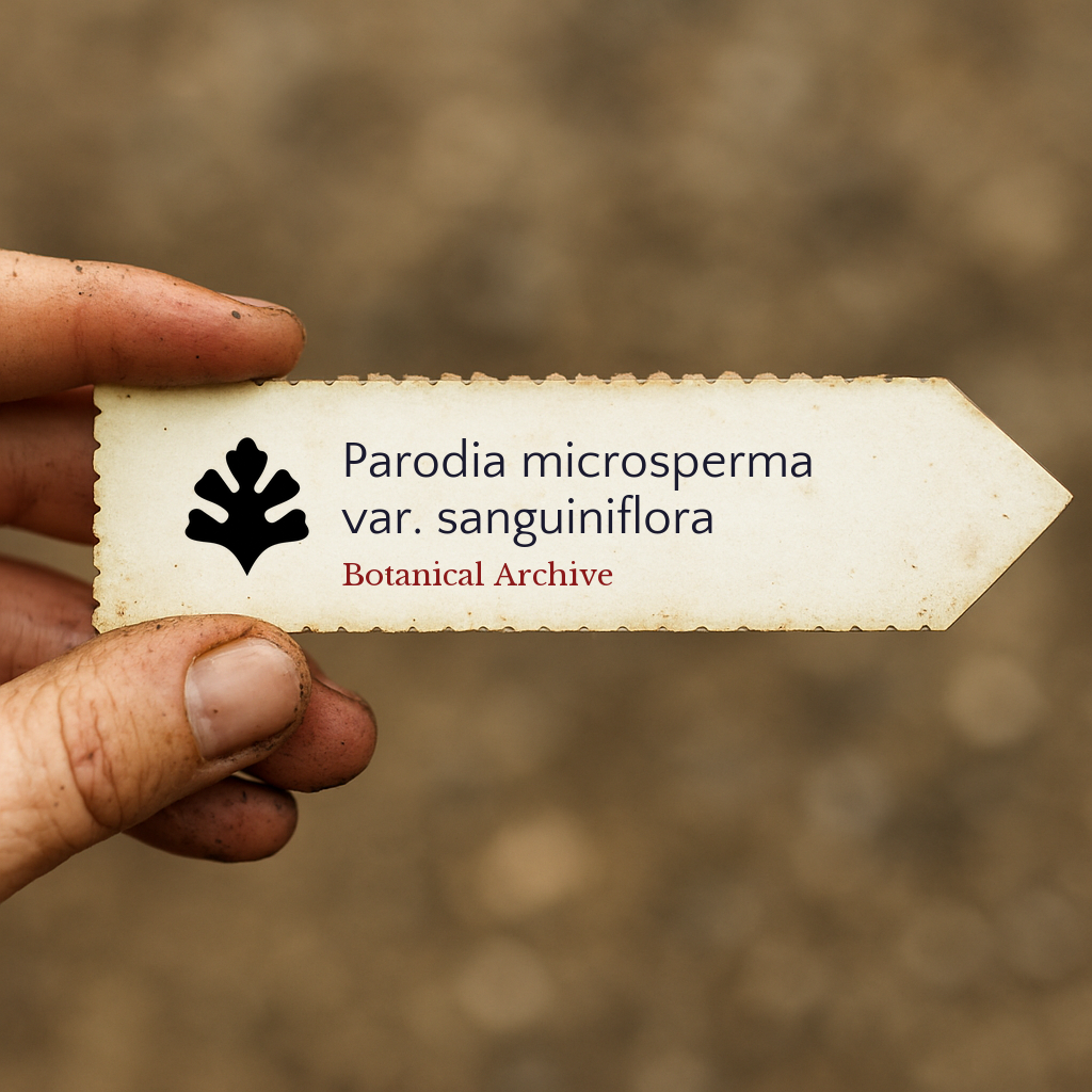 Etichetta stampata per pianta di Parodia microsperma var. sanguiniflora tenuta a mano con sfondo di terreno