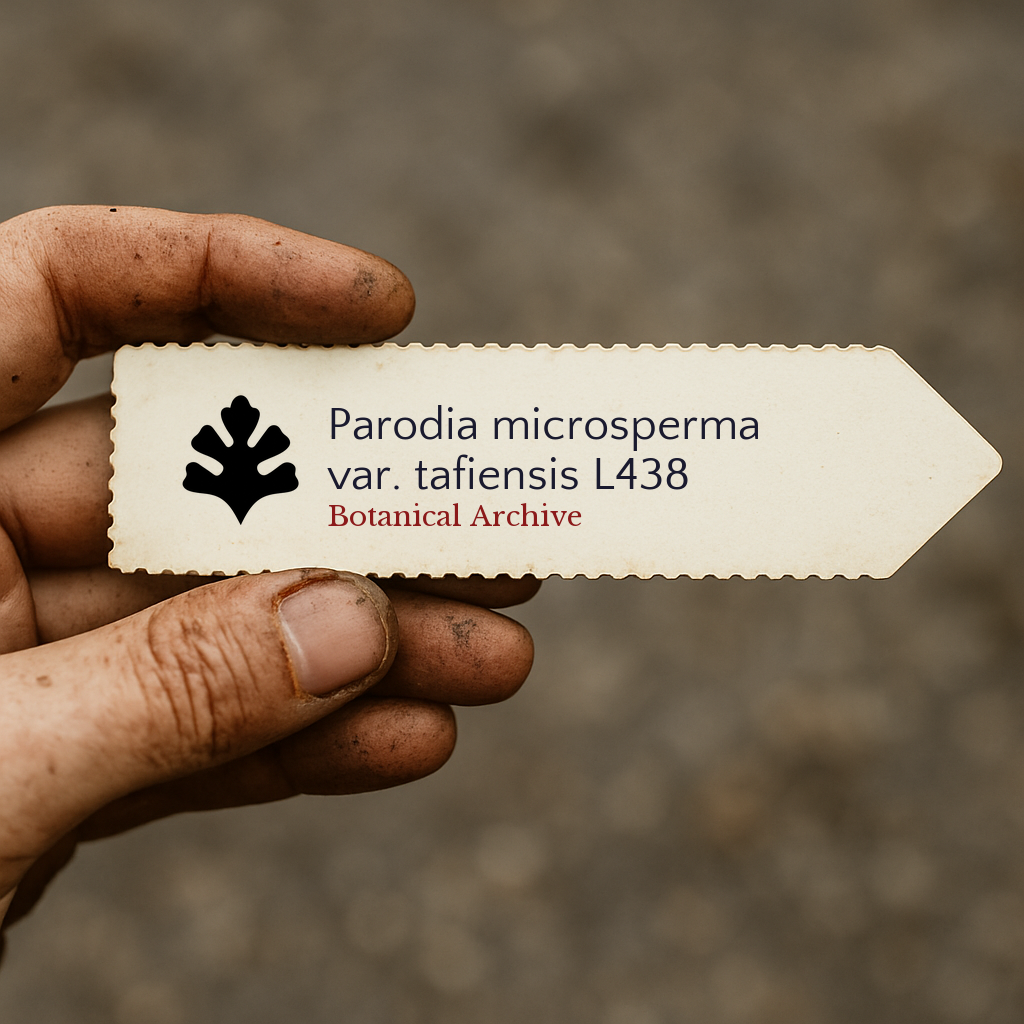 Etichetta stampata per pianta di Parodia microsperma var. tafiensis tenuta da mano sporca all'aperto