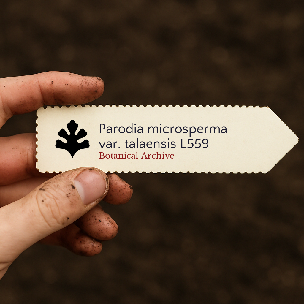 Etichetta stampata per pianta Parodia microsperma var. talaensis L559 su sfondo di terreno