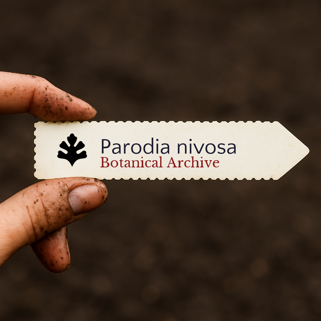 Printed plant label for Parodia nivosa held by dirty hand over soil background