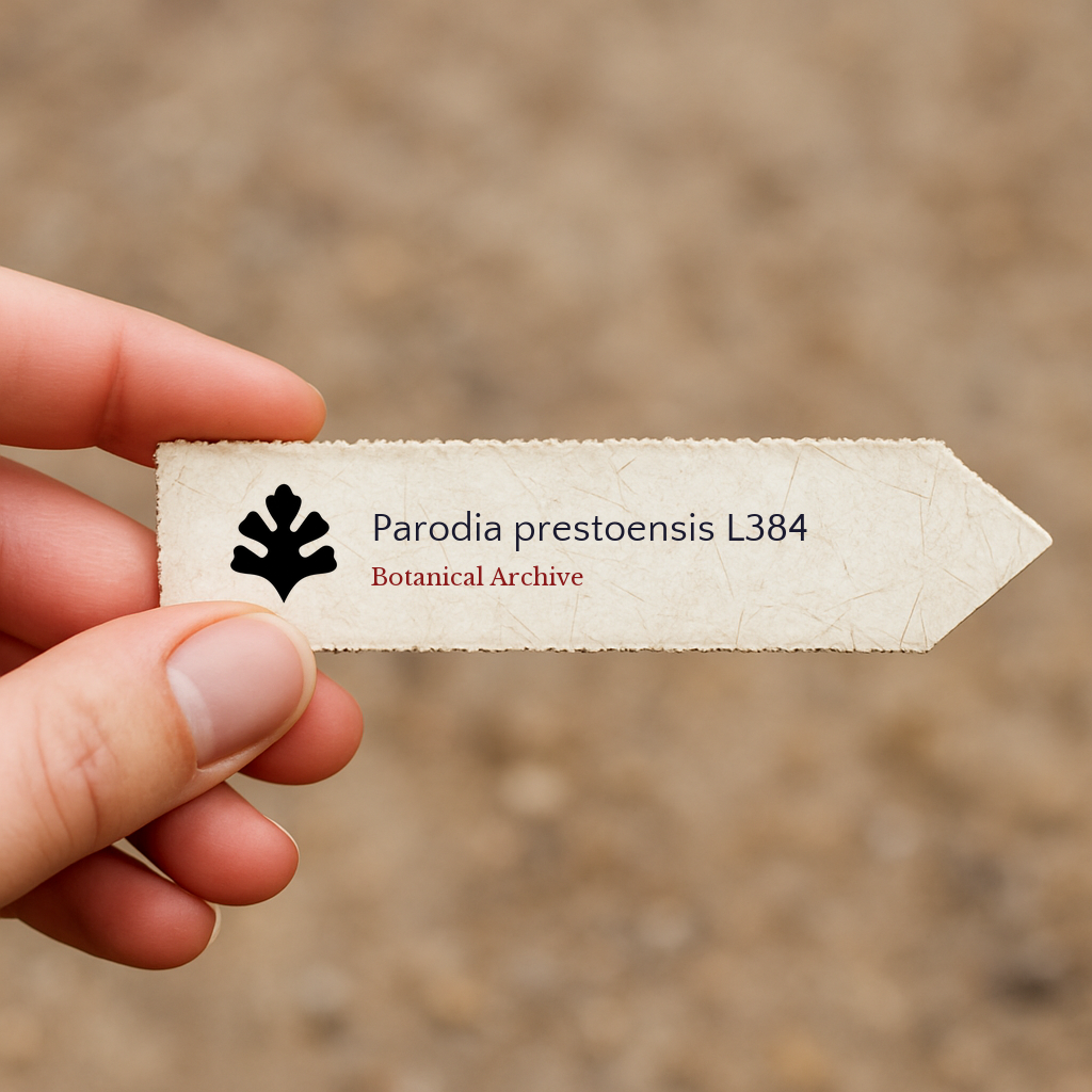 Etichetta per pianta stampata per Parodia prestoensis L384 con logo di Botanical Archive tenuta in mano